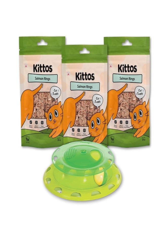 Petstages Combo of Petstages Catnip Chase Track Cat Toy 24 cm with 3 Pack of Kittos Salmon Rings Cat Treats, 35 g - Image 1